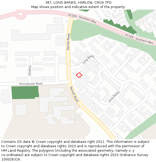 387, LONG BANKS, HARLOW, CM18 7PG: Location map and indicative extent of plot