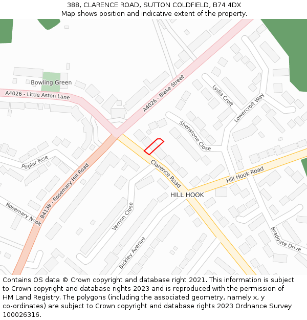 388, CLARENCE ROAD, SUTTON COLDFIELD, B74 4DX: Location map and indicative extent of plot