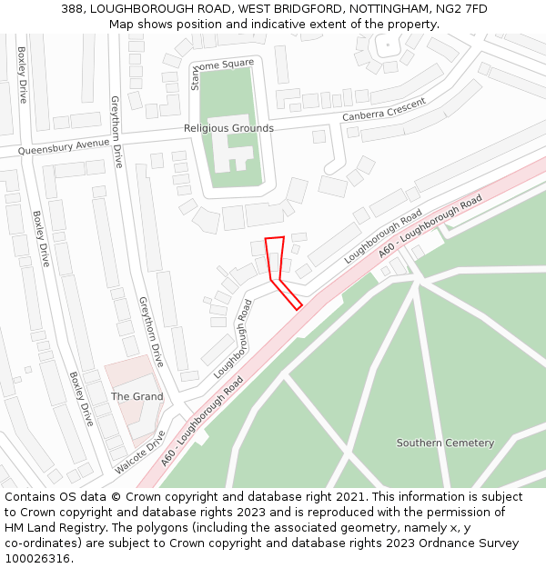 388, LOUGHBOROUGH ROAD, WEST BRIDGFORD, NOTTINGHAM, NG2 7FD: Location map and indicative extent of plot