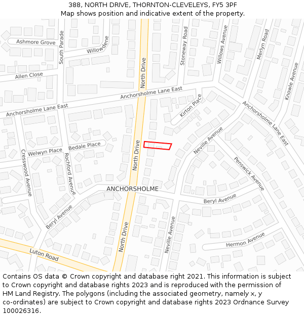 388, NORTH DRIVE, THORNTON-CLEVELEYS, FY5 3PF: Location map and indicative extent of plot