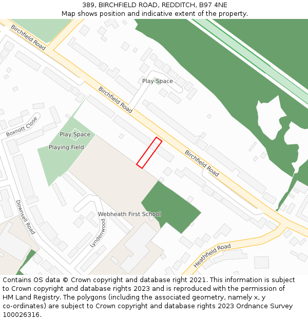 389, BIRCHFIELD ROAD, REDDITCH, B97 4NE: Location map and indicative extent of plot