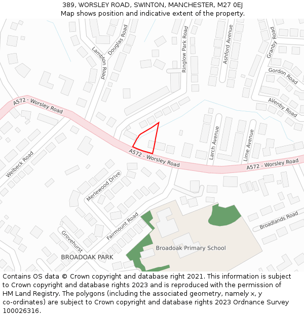 389, WORSLEY ROAD, SWINTON, MANCHESTER, M27 0EJ: Location map and indicative extent of plot