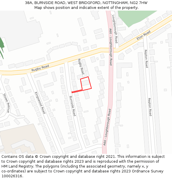 38A, BURNSIDE ROAD, WEST BRIDGFORD, NOTTINGHAM, NG2 7HW: Location map and indicative extent of plot