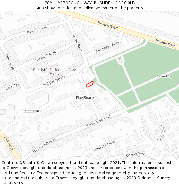 38A, HARBOROUGH WAY, RUSHDEN, NN10 0LD: Location map and indicative extent of plot