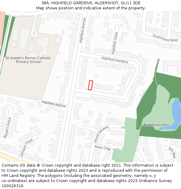 38A, HIGHFIELD GARDENS, ALDERSHOT, GU11 3DE: Location map and indicative extent of plot