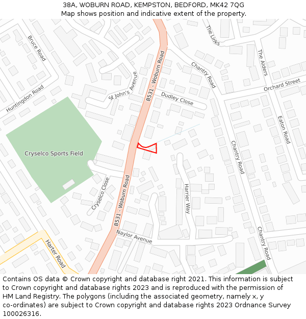 38A, WOBURN ROAD, KEMPSTON, BEDFORD, MK42 7QG: Location map and indicative extent of plot