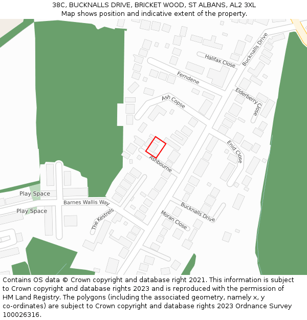 38C, BUCKNALLS DRIVE, BRICKET WOOD, ST ALBANS, AL2 3XL: Location map and indicative extent of plot