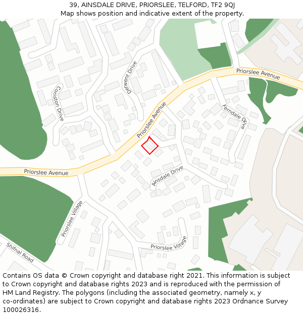 39, AINSDALE DRIVE, PRIORSLEE, TELFORD, TF2 9QJ: Location map and indicative extent of plot