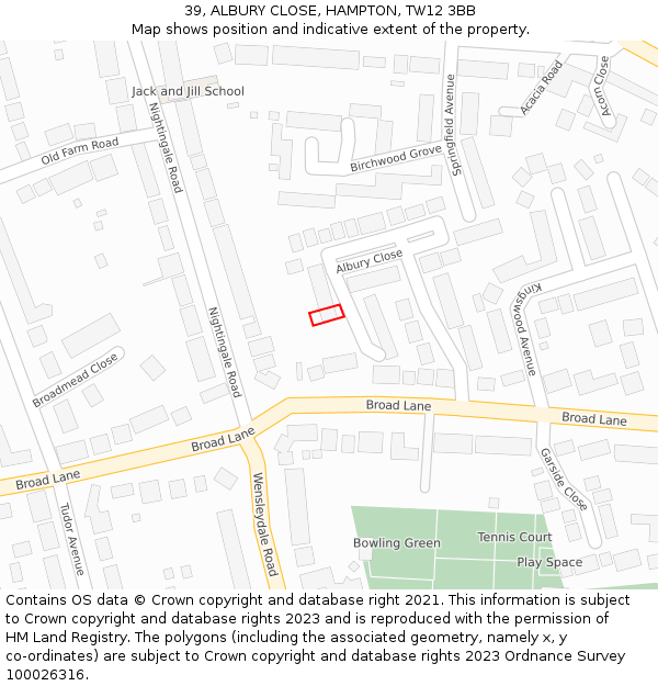 39, ALBURY CLOSE, HAMPTON, TW12 3BB: Location map and indicative extent of plot