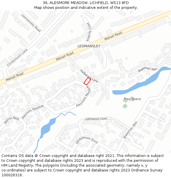 39, ALESMORE MEADOW, LICHFIELD, WS13 8FD: Location map and indicative extent of plot