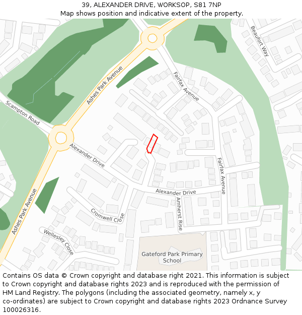 39, ALEXANDER DRIVE, WORKSOP, S81 7NP: Location map and indicative extent of plot