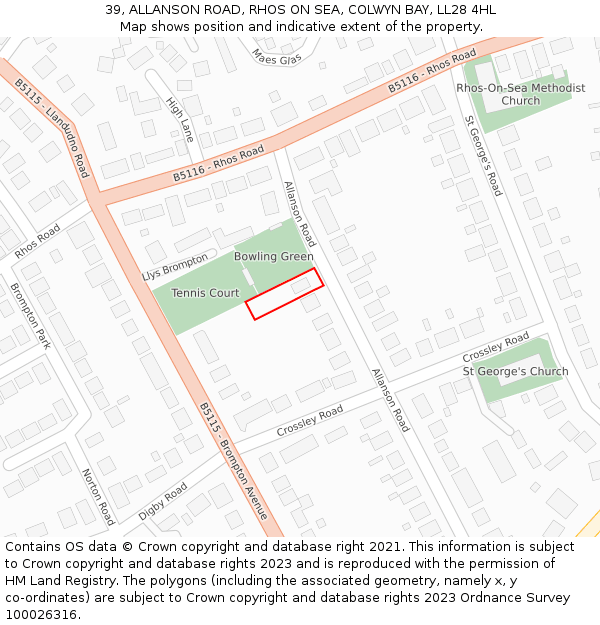 39, ALLANSON ROAD, RHOS ON SEA, COLWYN BAY, LL28 4HL: Location map and indicative extent of plot