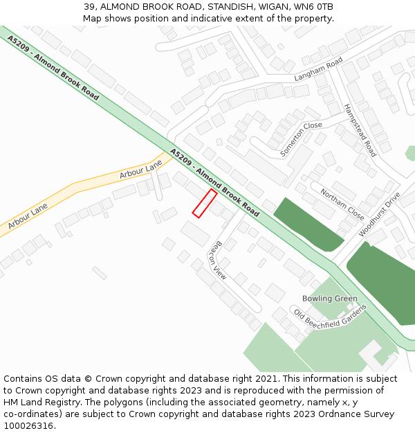 39, ALMOND BROOK ROAD, STANDISH, WIGAN, WN6 0TB: Location map and indicative extent of plot