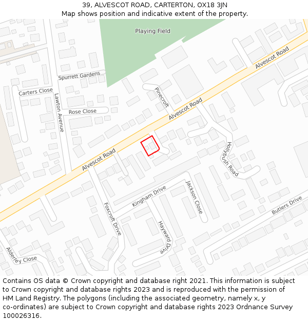 39, ALVESCOT ROAD, CARTERTON, OX18 3JN: Location map and indicative extent of plot