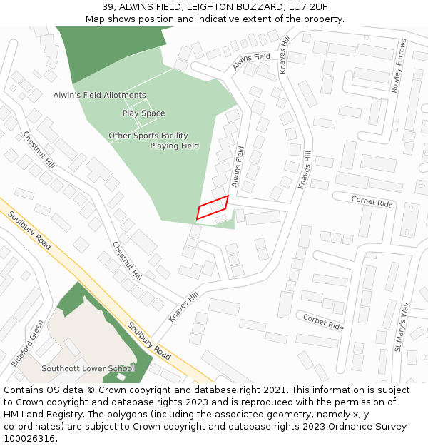 39, ALWINS FIELD, LEIGHTON BUZZARD, LU7 2UF: Location map and indicative extent of plot