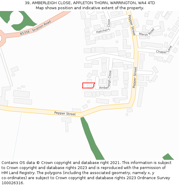 39, AMBERLEIGH CLOSE, APPLETON THORN, WARRINGTON, WA4 4TD: Location map and indicative extent of plot