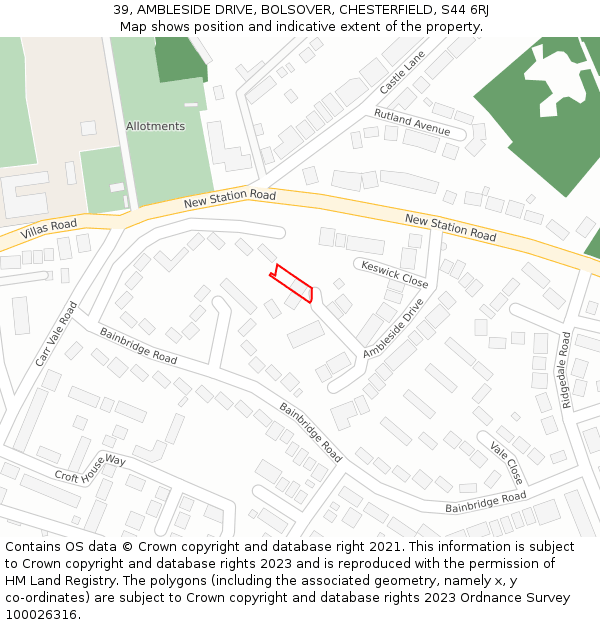 39, AMBLESIDE DRIVE, BOLSOVER, CHESTERFIELD, S44 6RJ: Location map and indicative extent of plot