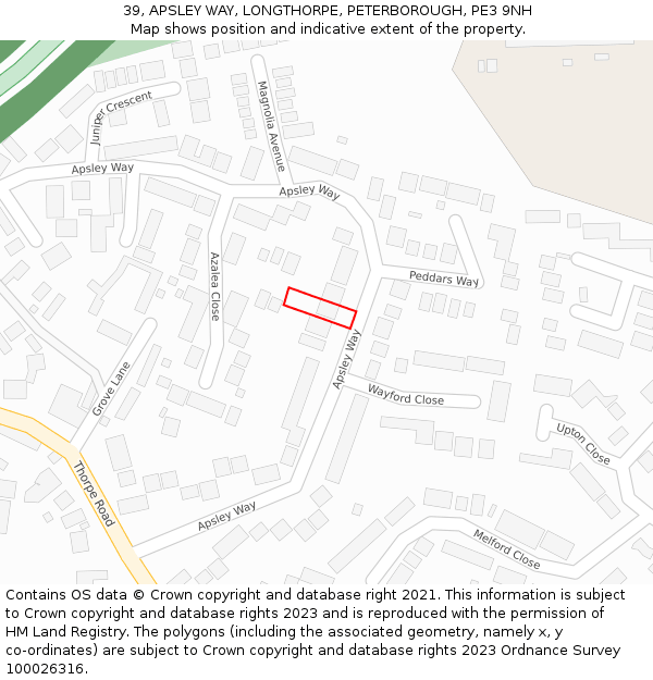 39, APSLEY WAY, LONGTHORPE, PETERBOROUGH, PE3 9NH: Location map and indicative extent of plot
