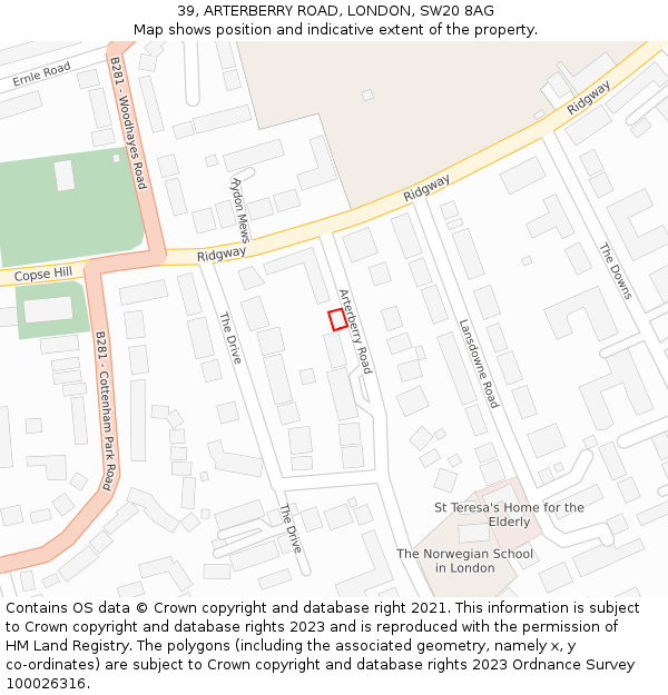 39, ARTERBERRY ROAD, LONDON, SW20 8AG: Location map and indicative extent of plot