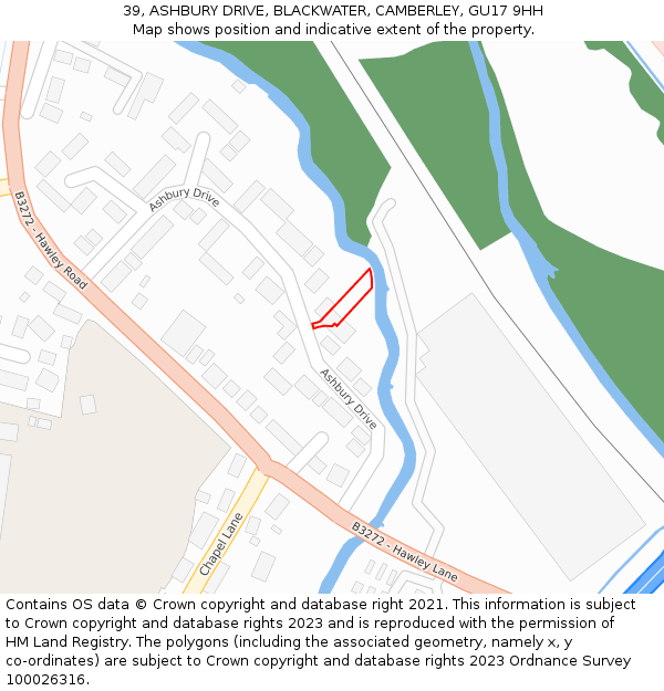 39, ASHBURY DRIVE, BLACKWATER, CAMBERLEY, GU17 9HH: Location map and indicative extent of plot