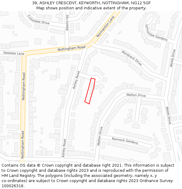 39, ASHLEY CRESCENT, KEYWORTH, NOTTINGHAM, NG12 5GF: Location map and indicative extent of plot