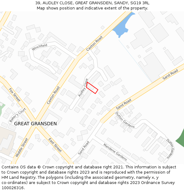 39, AUDLEY CLOSE, GREAT GRANSDEN, SANDY, SG19 3RL: Location map and indicative extent of plot