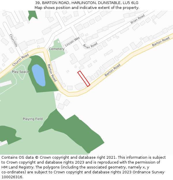 39, BARTON ROAD, HARLINGTON, DUNSTABLE, LU5 6LG: Location map and indicative extent of plot