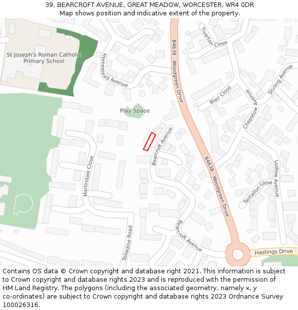 39, BEARCROFT AVENUE, GREAT MEADOW, WORCESTER, WR4 0DR: Location map and indicative extent of plot