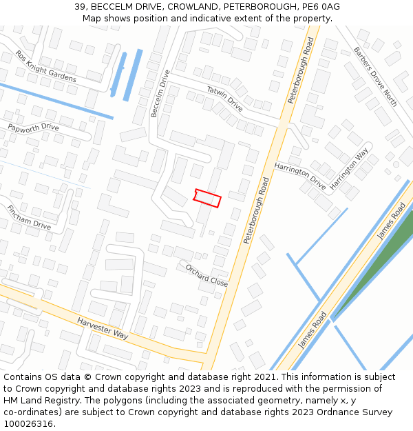 39, BECCELM DRIVE, CROWLAND, PETERBOROUGH, PE6 0AG: Location map and indicative extent of plot