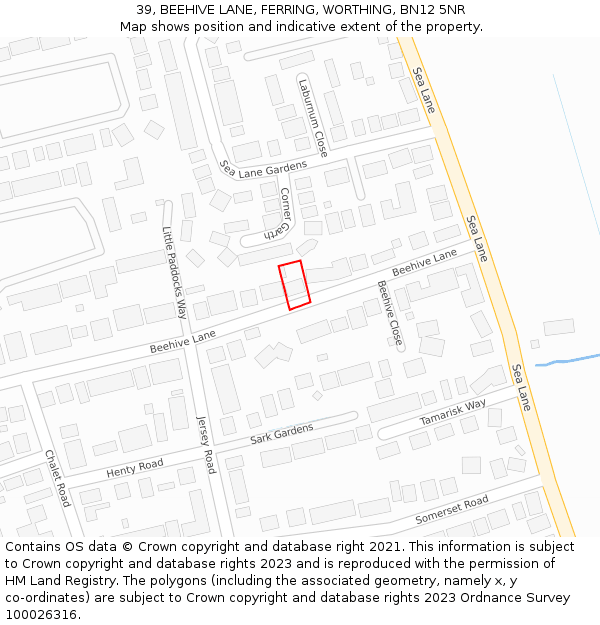 39, BEEHIVE LANE, FERRING, WORTHING, BN12 5NR: Location map and indicative extent of plot