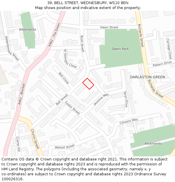 39, BELL STREET, WEDNESBURY, WS10 8EN: Location map and indicative extent of plot