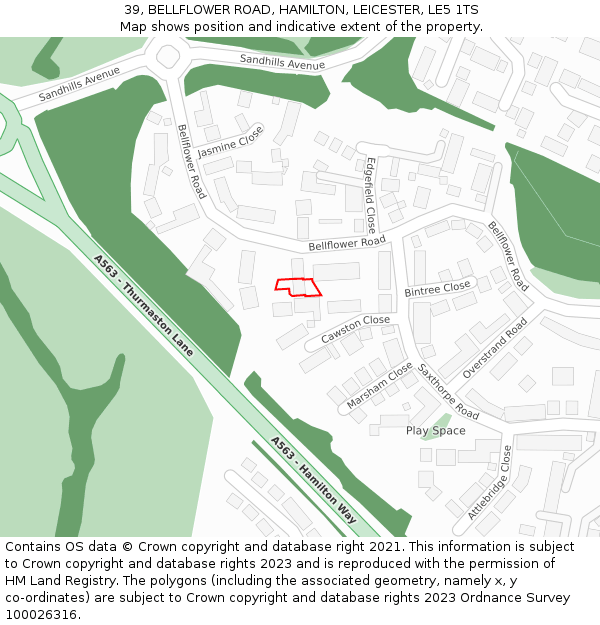 39, BELLFLOWER ROAD, HAMILTON, LEICESTER, LE5 1TS: Location map and indicative extent of plot