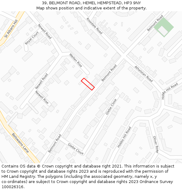 39, BELMONT ROAD, HEMEL HEMPSTEAD, HP3 9NY: Location map and indicative extent of plot