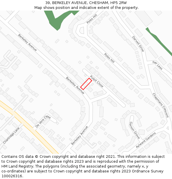 39, BERKELEY AVENUE, CHESHAM, HP5 2RW: Location map and indicative extent of plot