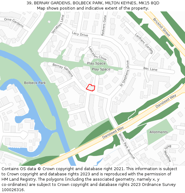 39, BERNAY GARDENS, BOLBECK PARK, MILTON KEYNES, MK15 8QD: Location map and indicative extent of plot