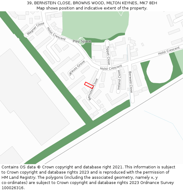 39, BERNSTEIN CLOSE, BROWNS WOOD, MILTON KEYNES, MK7 8EH: Location map and indicative extent of plot