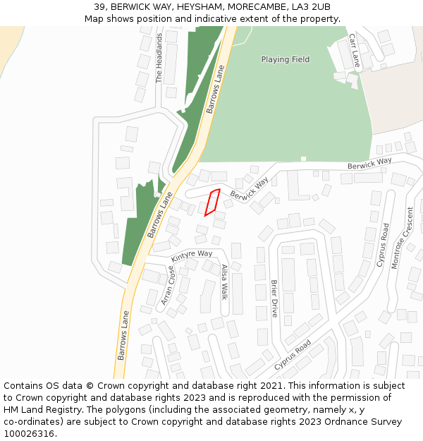 39, BERWICK WAY, HEYSHAM, MORECAMBE, LA3 2UB: Location map and indicative extent of plot