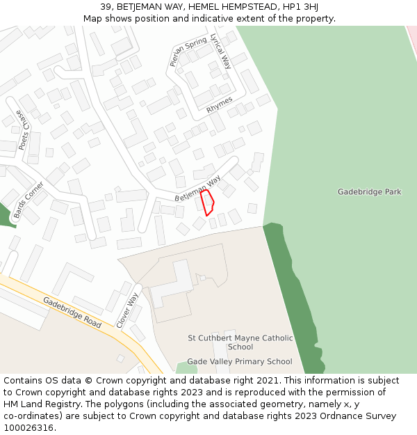 39, BETJEMAN WAY, HEMEL HEMPSTEAD, HP1 3HJ: Location map and indicative extent of plot