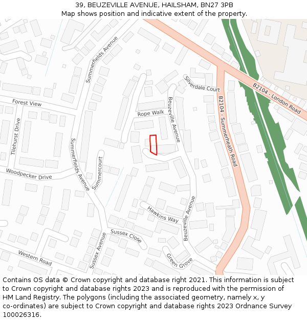 39, BEUZEVILLE AVENUE, HAILSHAM, BN27 3PB: Location map and indicative extent of plot