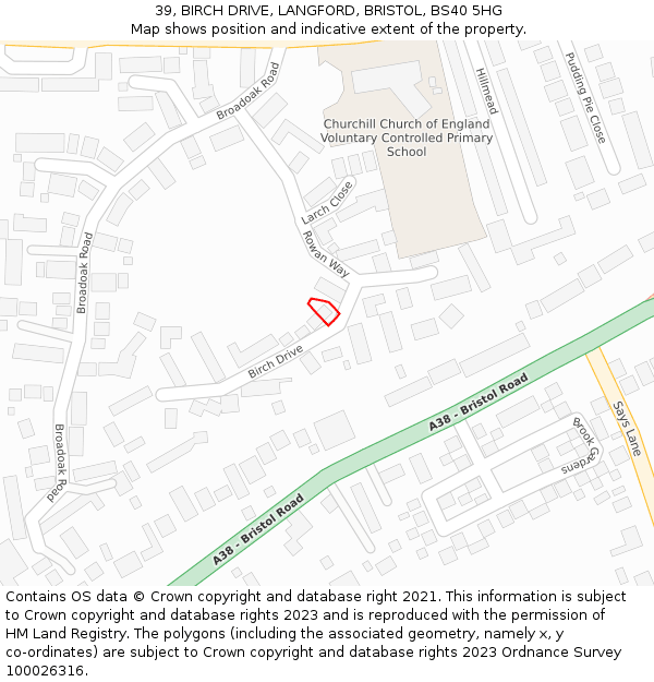 39, BIRCH DRIVE, LANGFORD, BRISTOL, BS40 5HG: Location map and indicative extent of plot
