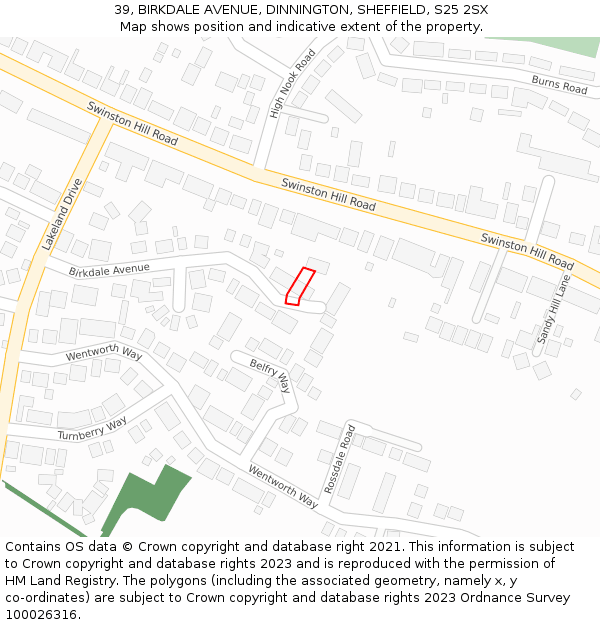 39, BIRKDALE AVENUE, DINNINGTON, SHEFFIELD, S25 2SX: Location map and indicative extent of plot