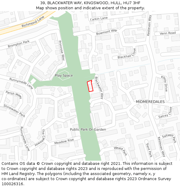 39, BLACKWATER WAY, KINGSWOOD, HULL, HU7 3HF: Location map and indicative extent of plot