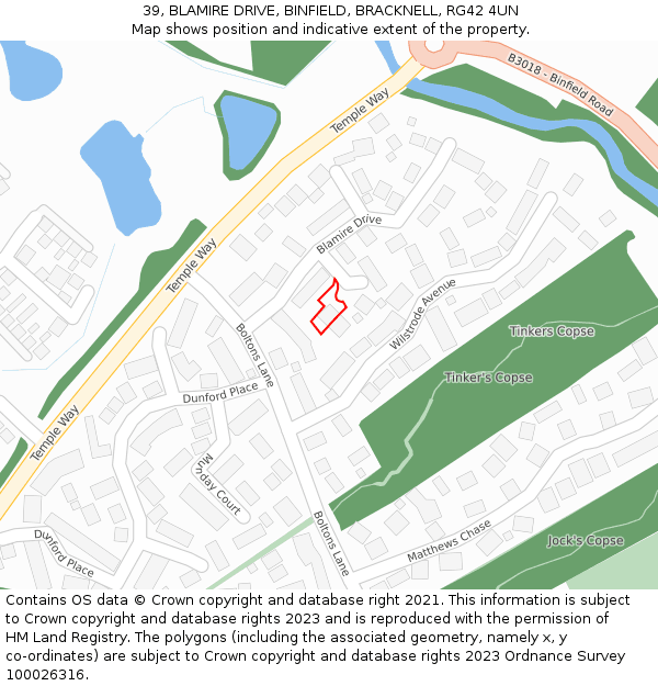 39, BLAMIRE DRIVE, BINFIELD, BRACKNELL, RG42 4UN: Location map and indicative extent of plot