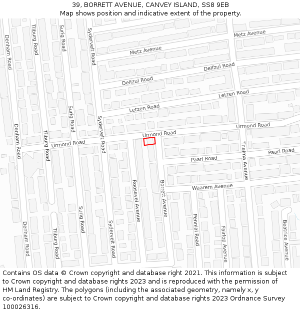 39, BORRETT AVENUE, CANVEY ISLAND, SS8 9EB: Location map and indicative extent of plot