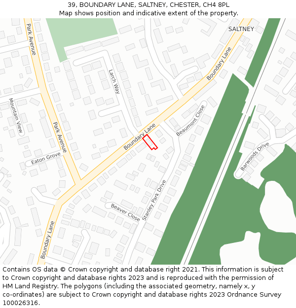 39, BOUNDARY LANE, SALTNEY, CHESTER, CH4 8PL: Location map and indicative extent of plot