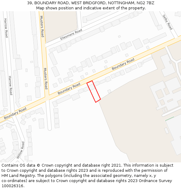 39, BOUNDARY ROAD, WEST BRIDGFORD, NOTTINGHAM, NG2 7BZ: Location map and indicative extent of plot