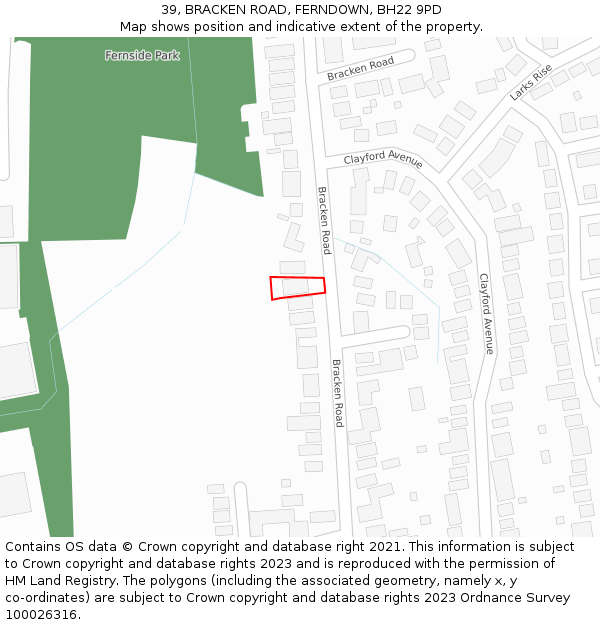 39, BRACKEN ROAD, FERNDOWN, BH22 9PD: Location map and indicative extent of plot