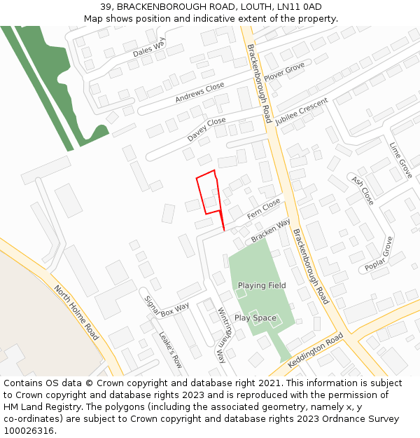 39, BRACKENBOROUGH ROAD, LOUTH, LN11 0AD: Location map and indicative extent of plot