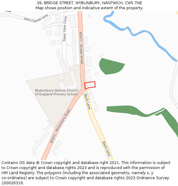 39, BRIDGE STREET, WYBUNBURY, NANTWICH, CW5 7NE: Location map and indicative extent of plot