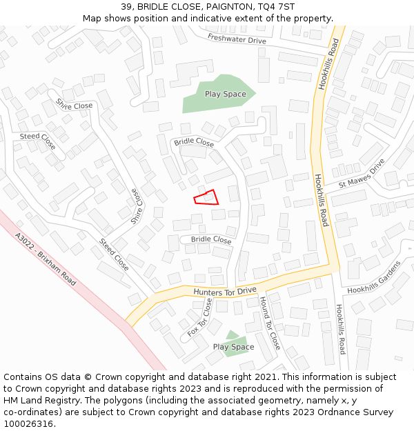 39, BRIDLE CLOSE, PAIGNTON, TQ4 7ST: Location map and indicative extent of plot